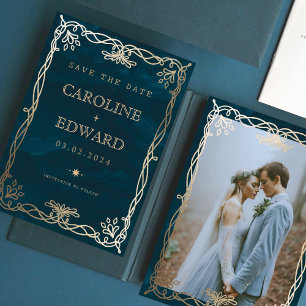 Save The Date Ornement Indigo Médiéval Mariage Ivre Doré 