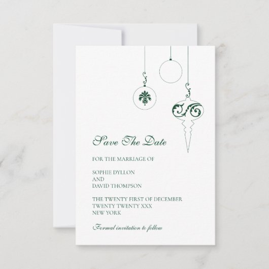 Save The Date Ornements Bauble de Noël Mariage vert d'hiver (Devant)