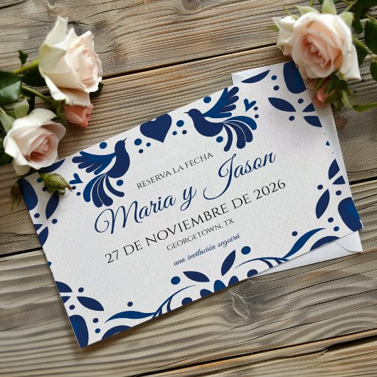 Save The Date Otomi Blue Floral Elegant Fiesta Spanish Wedding