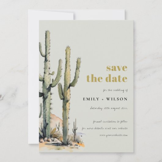 Save The Date Ouest Boho Cactus Désert Sage Paysage vert (Devant)