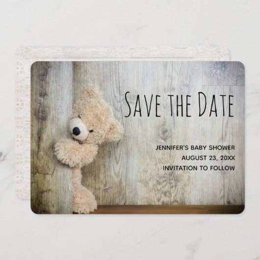 Save The Date Ours farci mignon Fond en bois rustique (Devant / Derrière)