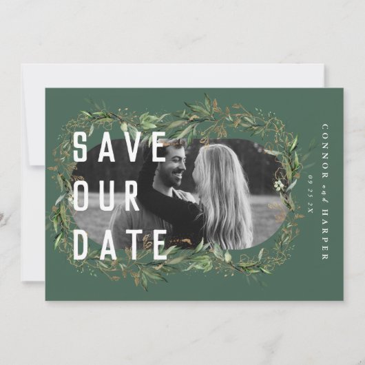 Save The Date Oval Boho Bold QR Code Moderne Feuilleté Golden Ph (Devant)