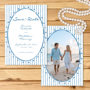 Save The Date Ovale Bleu Fantaisiste Photo à Rayures Aquarelle