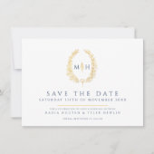 Save The Date Ovale de feuille blanc bleu photo mariage (Devant)