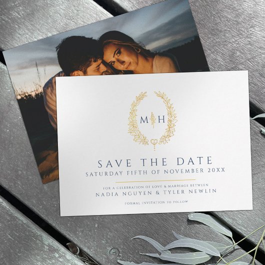 Save The Date Ovale de feuille blanc bleu photo mariage