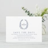 Save The Date Ovale de feuille blanc bleu photo mariage (Debout devant)