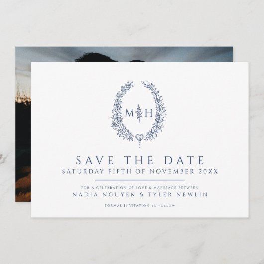 Save The Date Ovale de feuille blanc bleu photo mariage (Devant / Derrière)