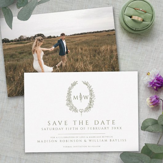 Save The Date Ovale feuille blanc olive vert photo mariage