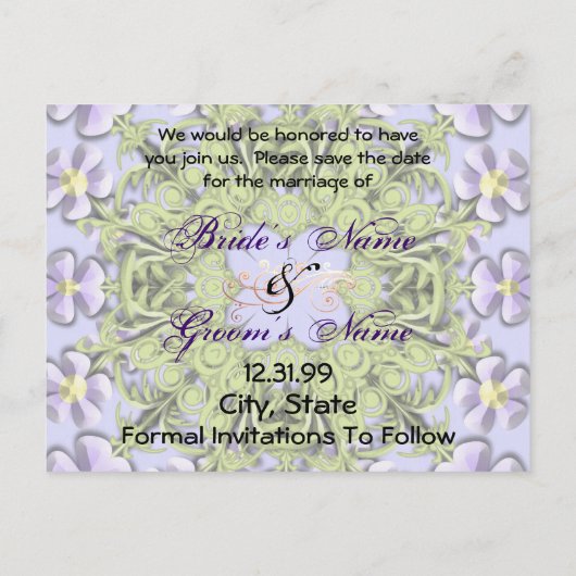 Save The Date - Paarse en gele madeliefjes Aankondigingskaart (Achterkant)