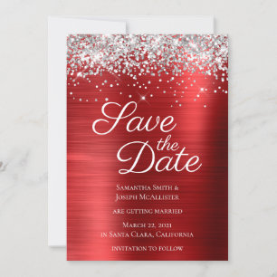 Save The Date Pailleté Argenté Brillant Rubis Rouge Ombre Feuill