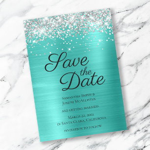 Save The Date Pailleté Argenté Turquoise Ombré Feuille