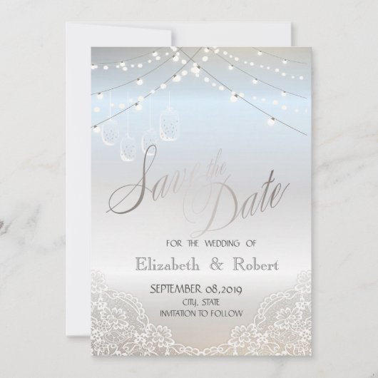 Save The Date Pailleté d'argent, Pot Mason, Dentelle Enregistrer (Devant)