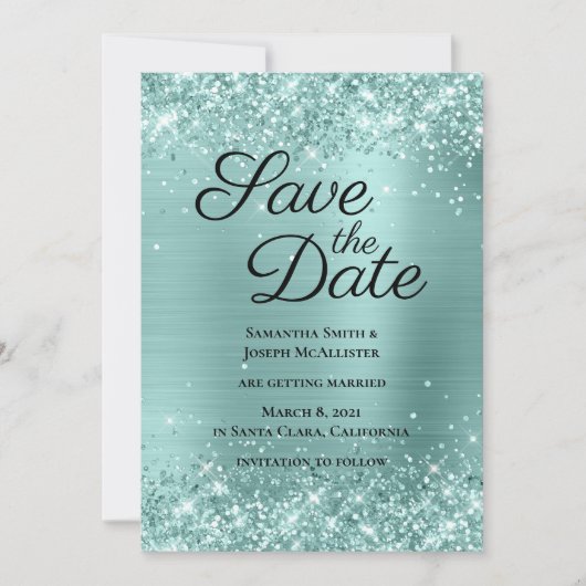 Save The Date Pailleté Turquoise Clair Ombré Feuille (Devant)