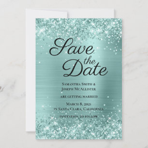Save The Date Pailleté Turquoise Clair Ombré Feuille
