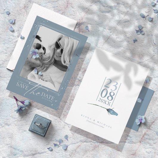 Save The Date Paillettes Florales Mariage Bleu Poussiéreux V2 ID
