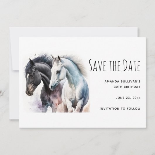 Save The Date Paire de cheval noir et blanc en aquarelle (Devant)
