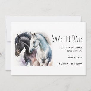 Save The Date Paire de cheval noir et blanc en aquarelle