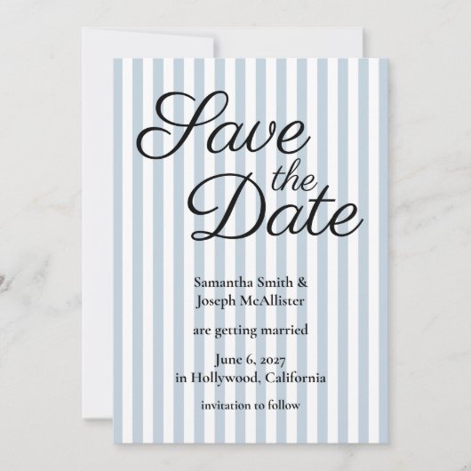 Save The Date Pâle Bleu Poussiéreux et Rayure Blanche (Devant)