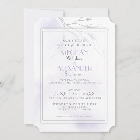 Save The Date Pale Lilac Aquarelle Branche de l'eau d'égout (Devant)