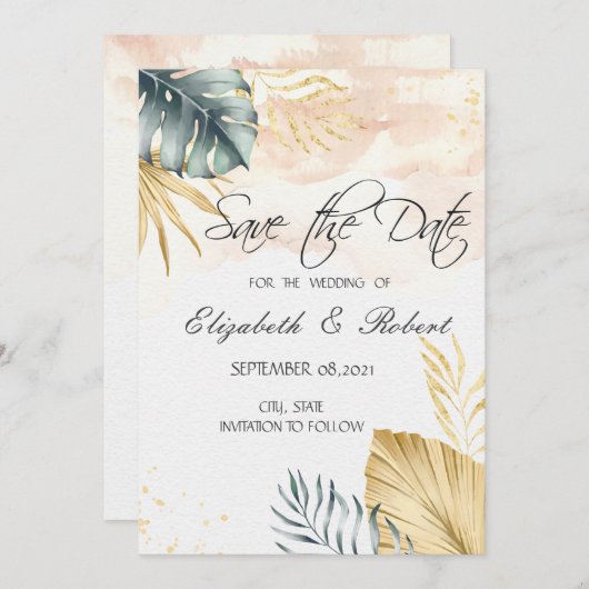 Save The Date Palm Feuille Beach Enregistrer La Date (Devant / Derrière)