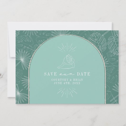 Save The Date Palm Feuille Tropical Aqua Seashell Photo (Devant)