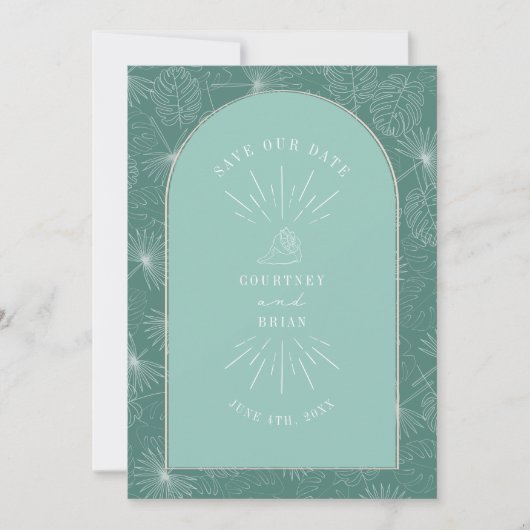 Save The Date Palm Feuille Tropical Seashell Aqua Mariage (Devant)