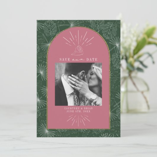 Save The Date Palm Feuille Tropical Seashell rose et vert photo (Debout devant)