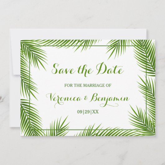 Save The Date Palm Feuilles Tropical Beach Mariage Enregistrer L (Devant)