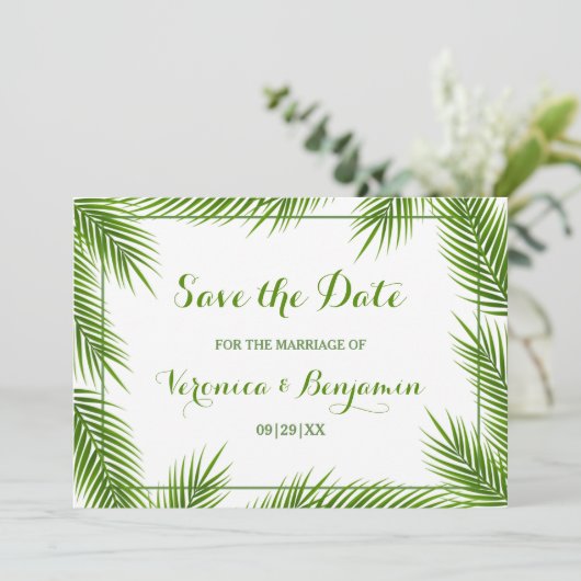 Save The Date Palm Feuilles Tropical Beach Mariage Enregistrer L (Debout devant)