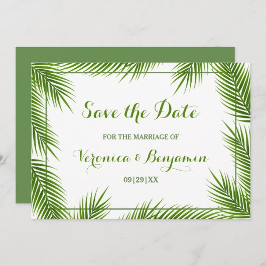 Save The Date Palm Feuilles Tropical Beach Mariage Enregistrer L (Devant / Derrière)