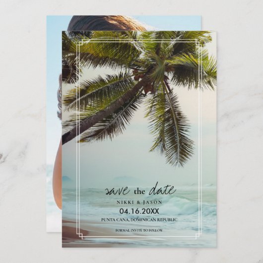 Save The Date Palm Tree Beach Destination Mariage Enregistrer la (Devant / Derrière)