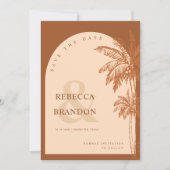 Save The Date Palm Tree Beach Photo Terracotta QR Code Mariage (Devant)