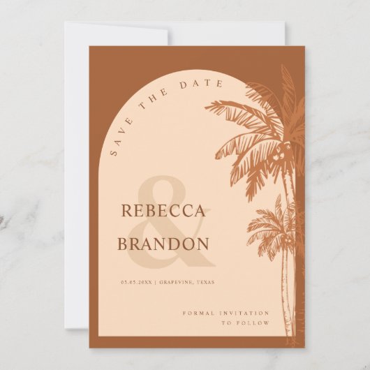Save The Date Palm Tree Beach Photo Terracotta QR Code Mariage (Devant)