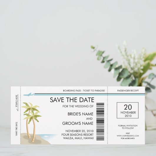 Save The Date Palm Tree Boarding Pass Enregistrer la date Invita (Debout devant)