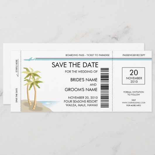 Save The Date Palm Tree Boarding Pass Enregistrer la date Invita (Devant / Derrière)