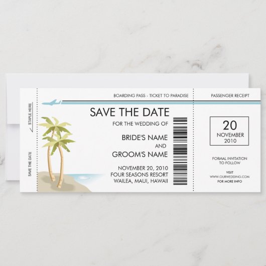 Save The Date Palm Tree Boarding Pass Enregistrer la date Invita (Devant)
