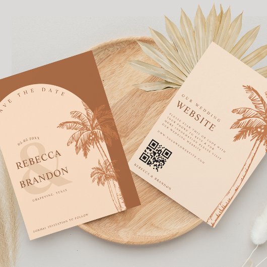 Save The Date Palm Tree Boho Beach Terracotta QR Code Mariage