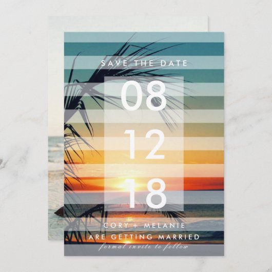 Save The Date Palm Trees Beach Sunset Photo Sauvez les dates (Devant / Derrière)