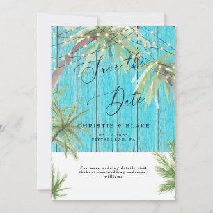 Save The Date Palme et lumières tropicales Bois Turquoise