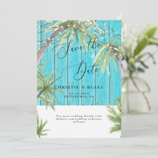 Save The Date Palme et lumières tropicales Bois Turquoise (Debout devant)