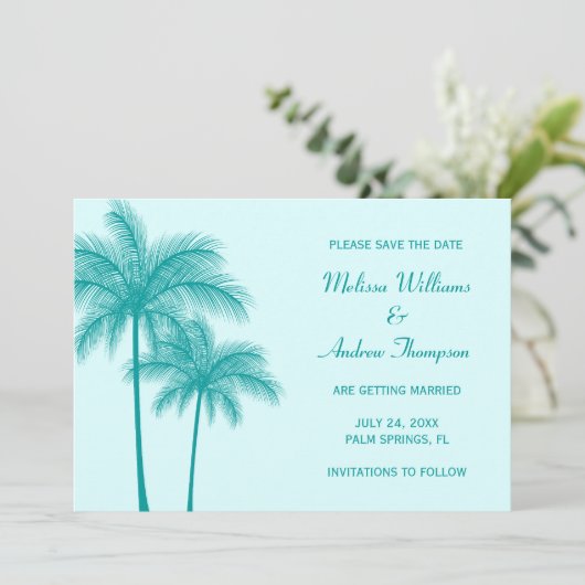 Save The Date Palmier bleu turquoise Enregistrer la date Annonce (Debout devant)