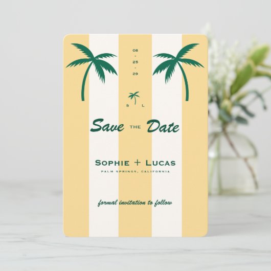 Save The Date Palmier rétro Monogramme Plage tropicale Mariage (Debout devant)