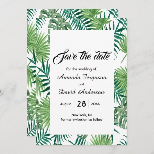 Save The Date Palmier tropical feuille verdure enregistrer la ca (Devant / Derrière)