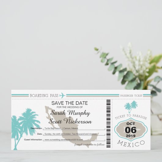Save The Date Palmier turquoise Enregistrer la date de l'embarqu (Debout devant)