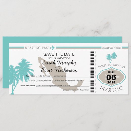 Save The Date Palmier turquoise Enregistrer la date de l'embarqu (Devant / Derrière)