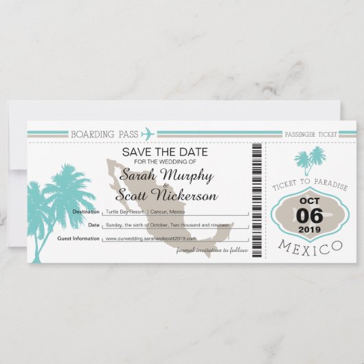 Save The Date Palmier turquoise Enregistrer la date de l'embarqu (Devant)