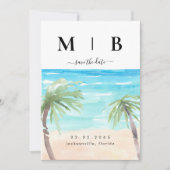 Save The Date Palmiers tropicaux & Plage Couple Initiales Mariag (Devant)