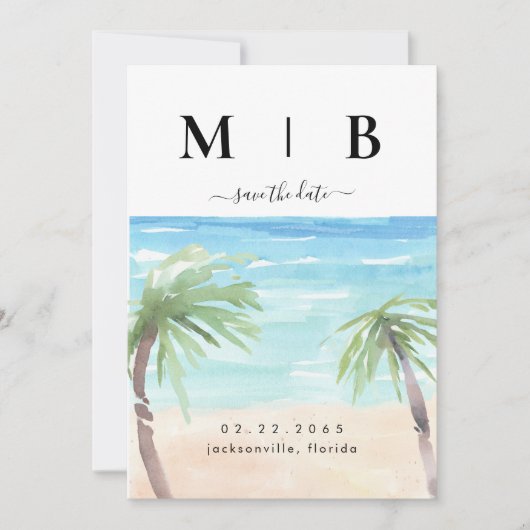 Save The Date Palmiers tropicaux & Plage Couple Initiales Mariag (Devant)