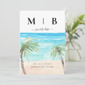 Save The Date Palmiers tropicaux & Plage Couple Initiales Mariag (Debout devant)