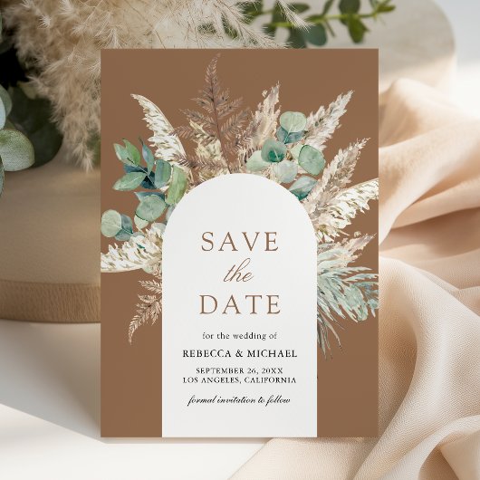 Save The Date Pampas Eucalyptus Arch Beige Tan Wedding